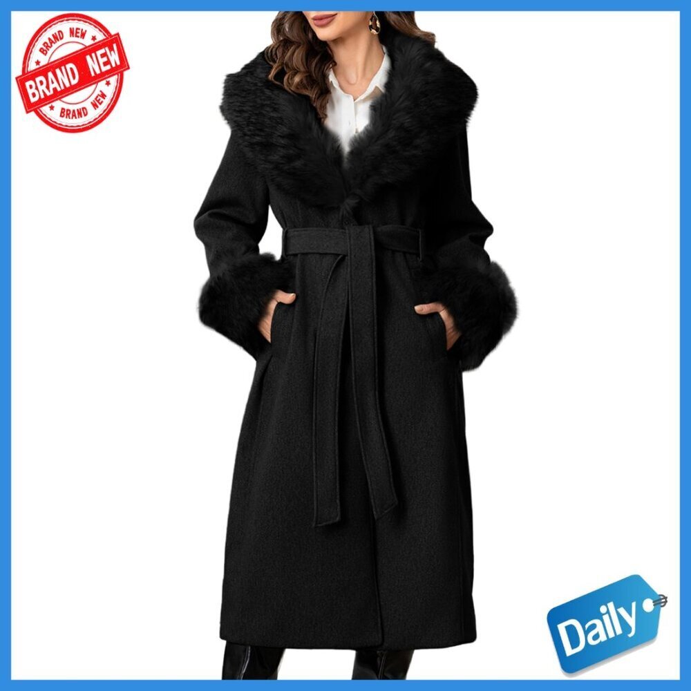 Women's Trench Coat with Detachable Faux Fur Collar, Long Sleeve, Standard